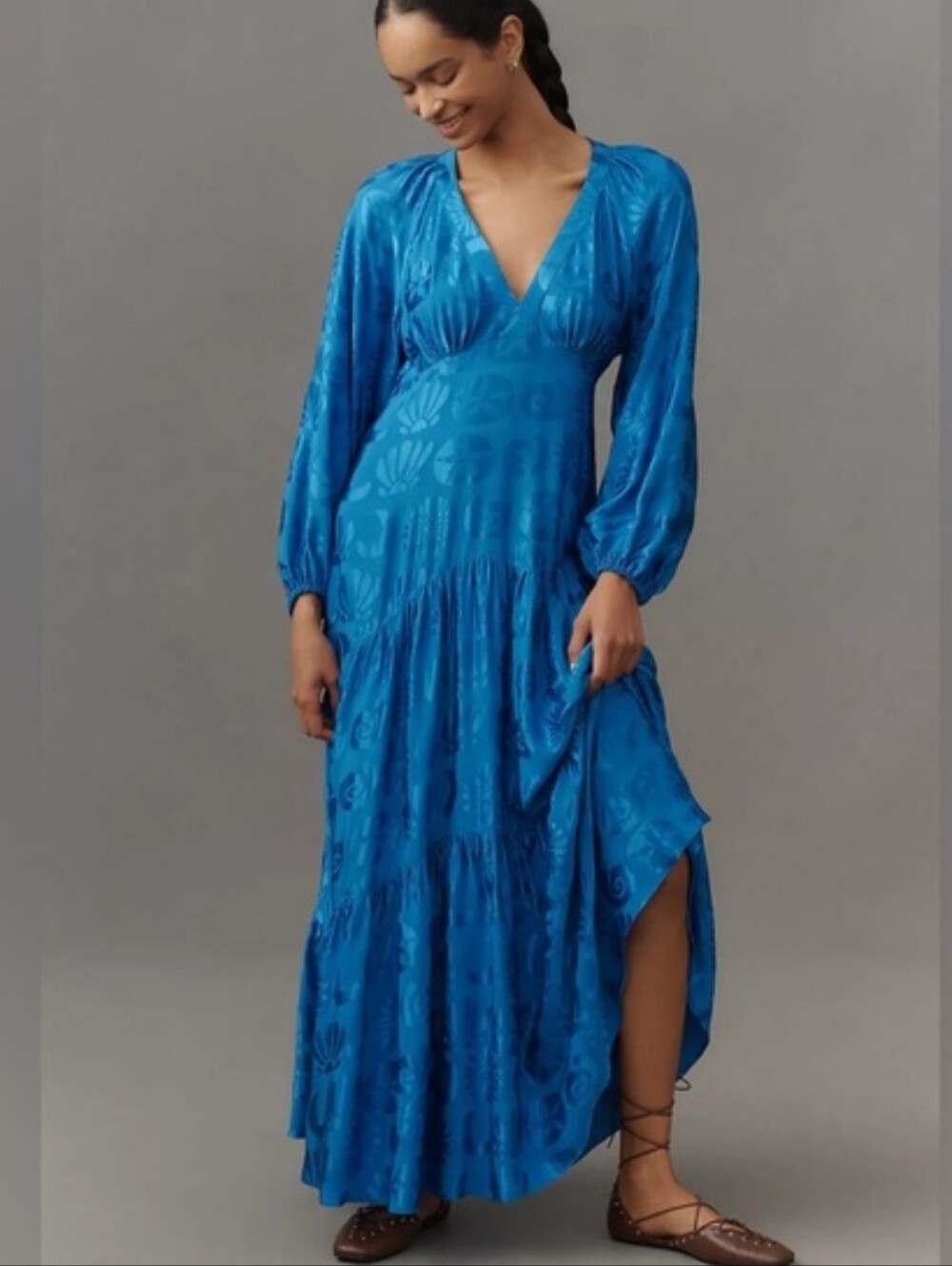 NWT FARM Rio Long-Sleeve V-Neck Jacquard Maxi Dress Blue Medium